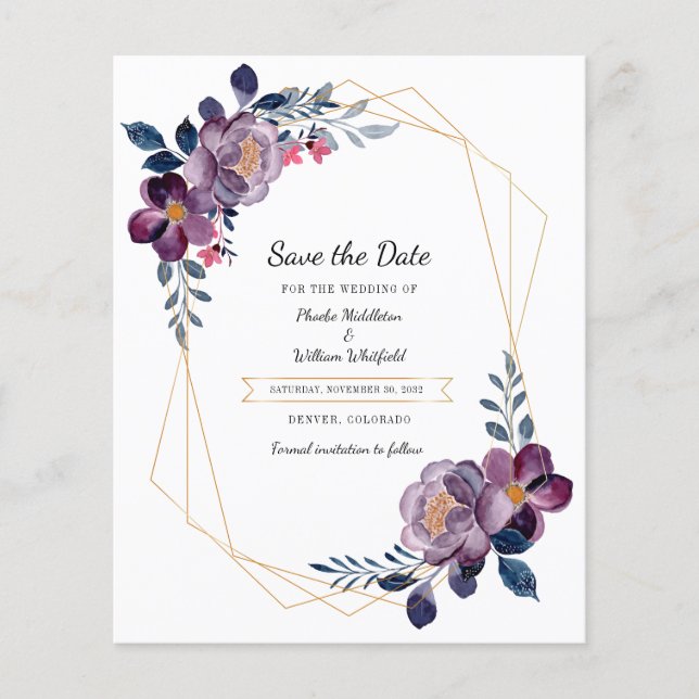 Purple Floral Geometric Save The Date Flyer (Front)