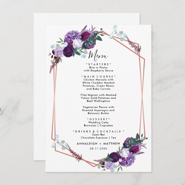 Purple Floral Geometric Wedding Reception Menu (Front/Back)