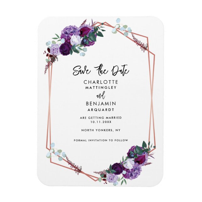 Purple Floral Geometric Wedding Save the Date Magnet (Vertical)