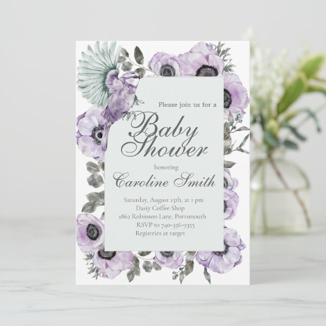 Purple Floral Girl Baby Shower Invitation  (Standing Front)