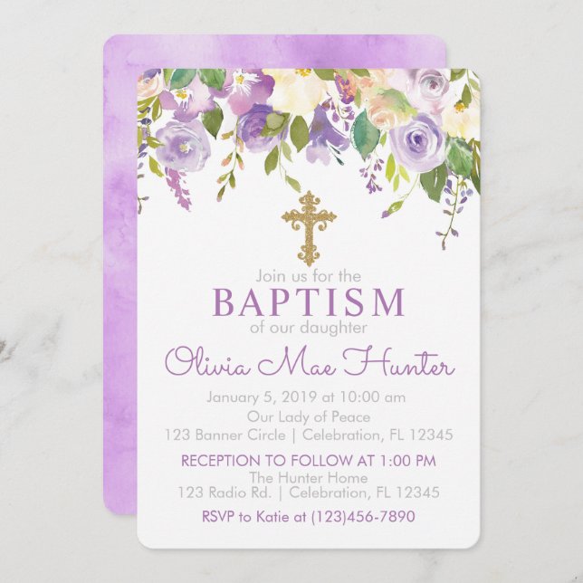 Purple Floral Girl Baptism Invitation (Front/Back)