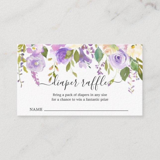 Purple Floral Girl Diaper Raffle Baby Shower  Enclosure Card (Front)