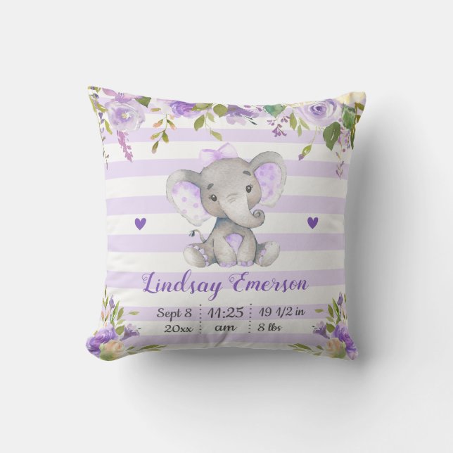 Purple Floral Girl Elephant Nursery Lilac Lavender Cushion (Front)