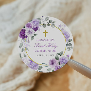 Purple Floral Girl First Holy Communion Classic Round Sticker