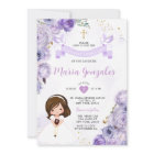 Purple Floral Girl First Holy Communion Gold Cross