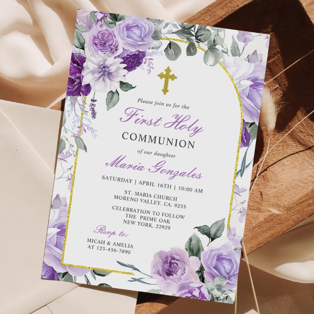 Purple Floral Girl First Holy Communion Invitation (Creator Uploaded)