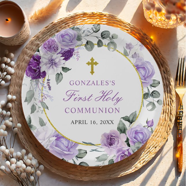 Purple Floral Girl First Holy Communion Paper Plate (Creator Uploaded)