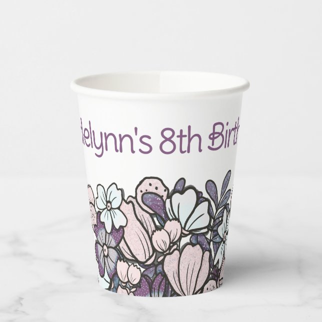Purple Floral Girls Birthday Party Paper Cups (Left)