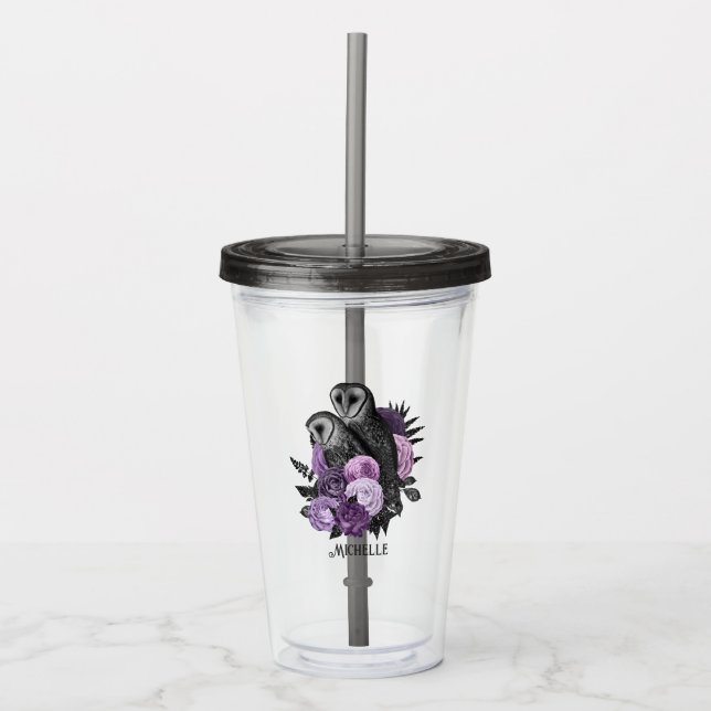 Purple Floral Glam Gothic Owls Acrylic Tumbler (Front)