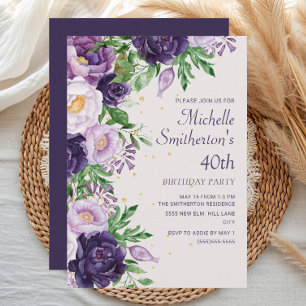 Purple Floral Glitter 40th Birthday Invitation