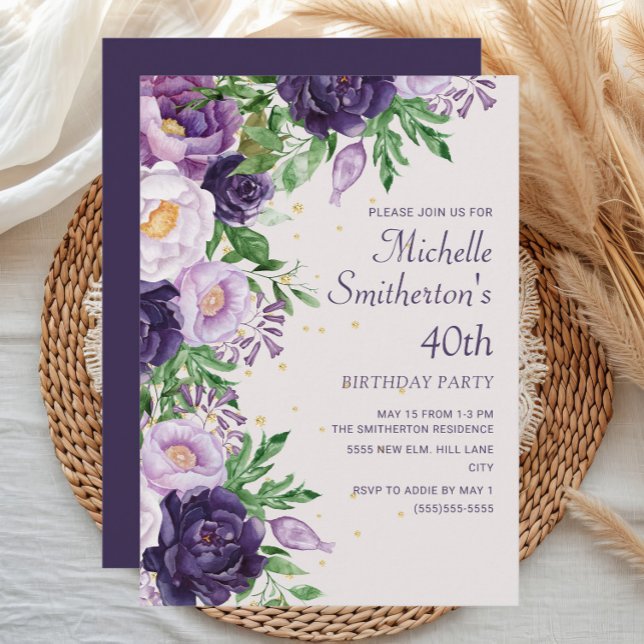 Purple Floral Glitter 40th Birthday Invitation (Purple watercolor floral women's 40th birthday party invitation)