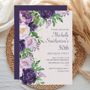 Purple Floral Glitter 50th Birthday Invitation