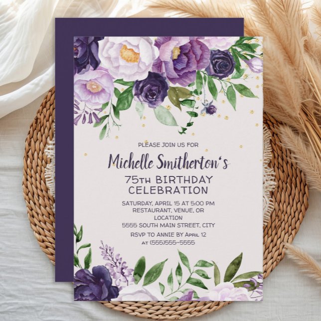 Purple Floral Glitter 75th Birthday Invitation (Purple floral women's 75th birthday party banner)