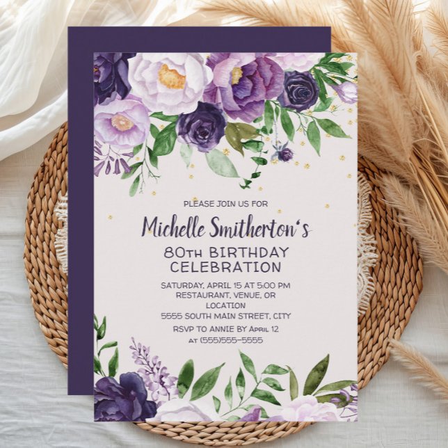 Purple Floral Glitter 80th Birthday Invitation (Elegant purple watercolor floral women's 80th birthday party invitation)