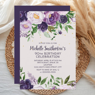 Purple Floral Glitter 90th Birthday Invitation