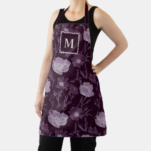 Purple Floral Glitter Pattern Monogram Apron