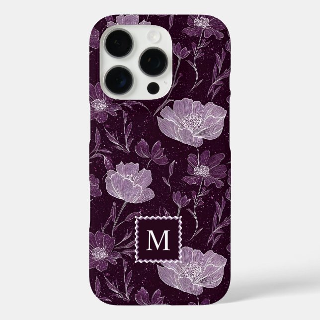 Purple Floral Glitter Pattern Monogram Case-Mate iPhone Case (Back)