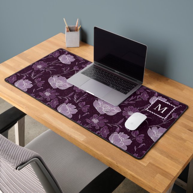 Purple Floral Glitter Pattern Monogram Desk Mat (Office 2)