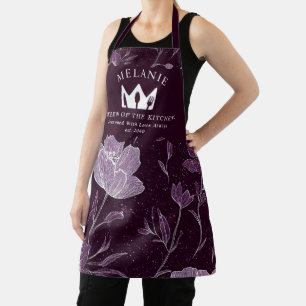 Purple Floral Glitter Pattern Queen of the Kitchen Apron