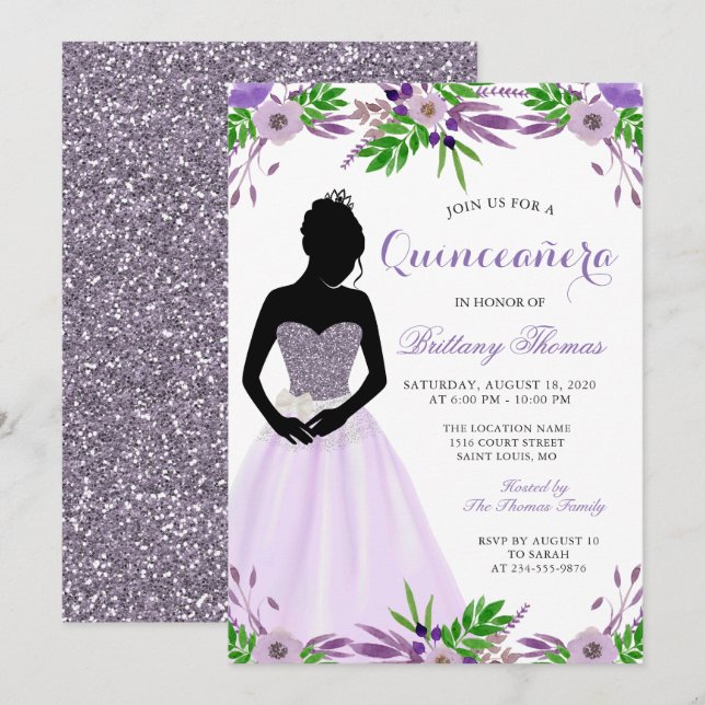 Purple Floral Glitter Quinceanera 15th Birthday Invitation (Front/Back)