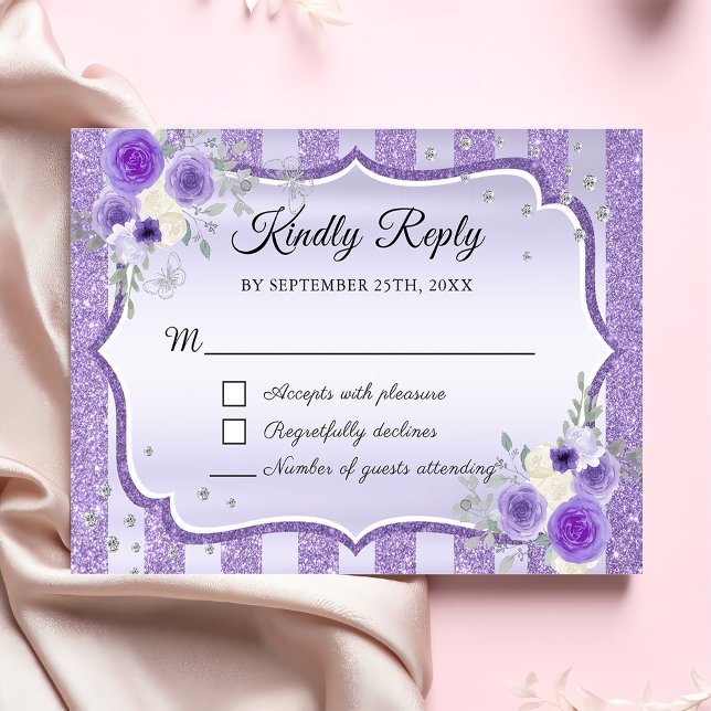 Purple Floral Glitter Quinceanera RSVP Card (Creator Uploaded)