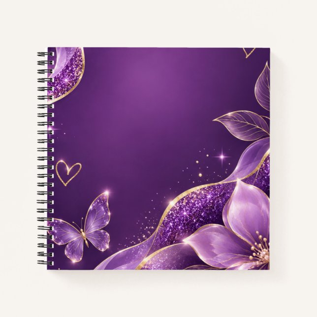 Purple Floral Glitter Spiral Notebook  (Front)