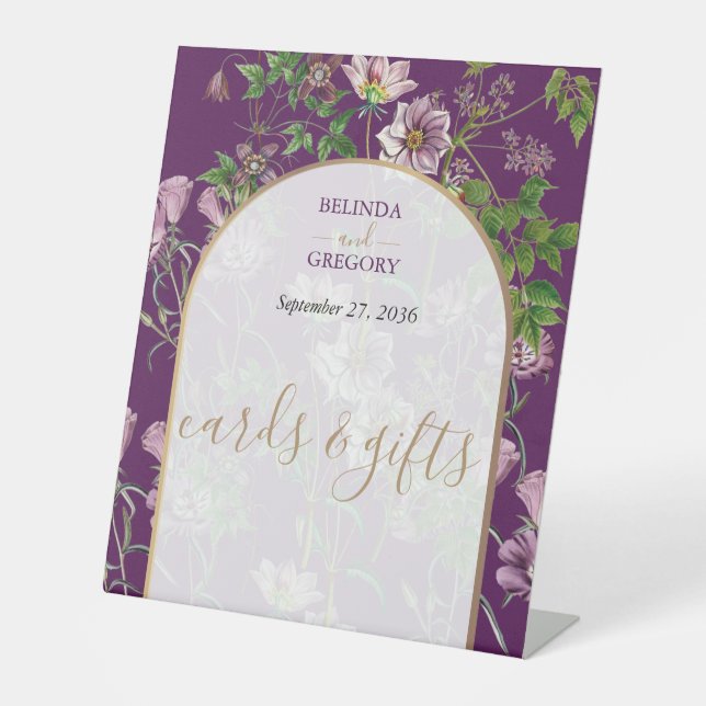 Purple Floral Gold Arch Wedding Cards & Gifts Pedestal Sign (Front)