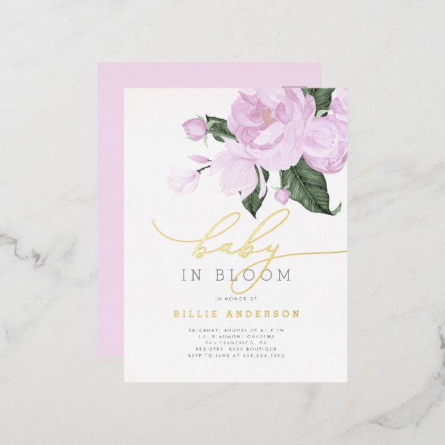 Purple Floral Gold Baby in Bloom Shower Foil Invitation Postcard (Front/Back)