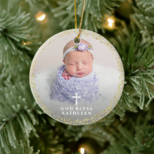  Purple Floral Gold Baptism Custom Photo Religious Ceramic Tree Decoration