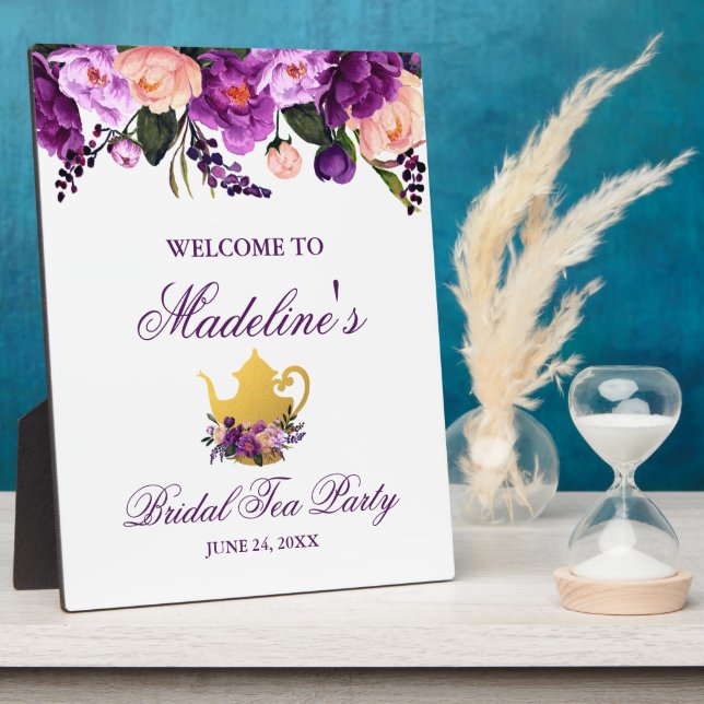 Purple Floral Gold Bridal Shower Tea Welcome Plaque (Side)
