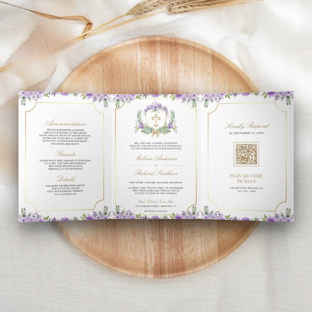 Purple Floral Gold Catholic Cross QR Code Wedding Tri-Fold Invitation (Creator Uploaded)