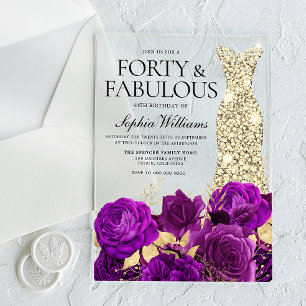 Purple Floral & Gold Dress 40th Birthday Party Acrylic Invitations
