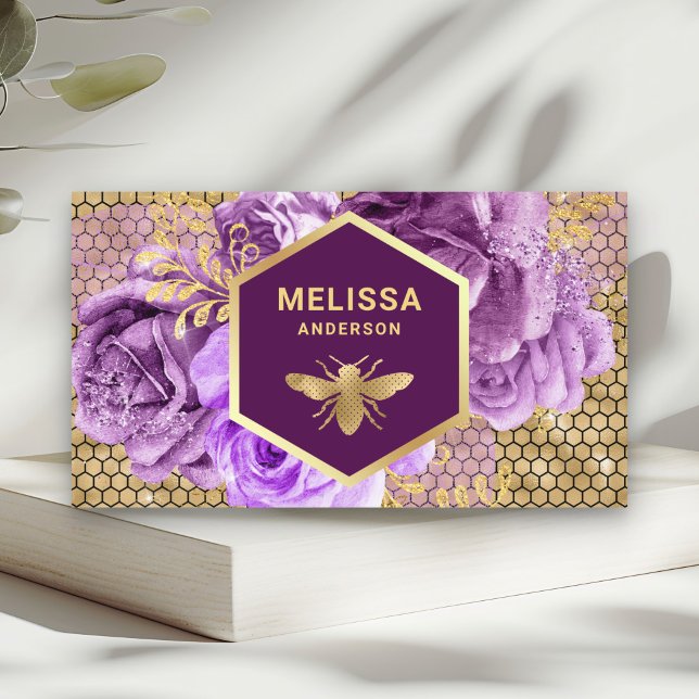 Purple Floral Gold Foil Honeycomb Honey Bee Business Card (Creator Uploaded)