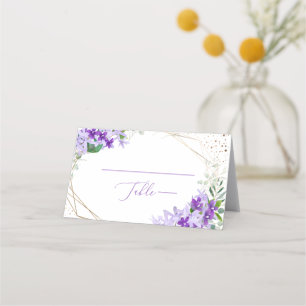 Purple Floral Gold Frame Wedding Place Card 