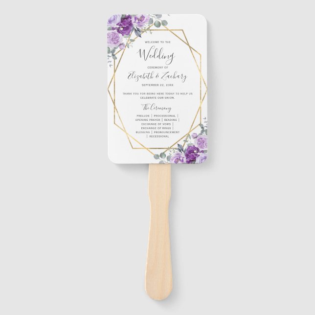 Purple Floral Gold Frame Wedding Program Hand Fan (Front)