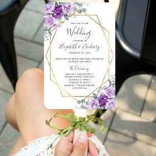 Purple Floral Gold Frame Wedding Program Hand Fan