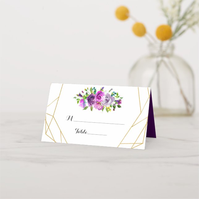 Purple Floral Gold Geometric Table Place Card (Front)