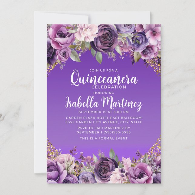 Purple Floral Gold Glitter Quinceañera  Invitation (Front)