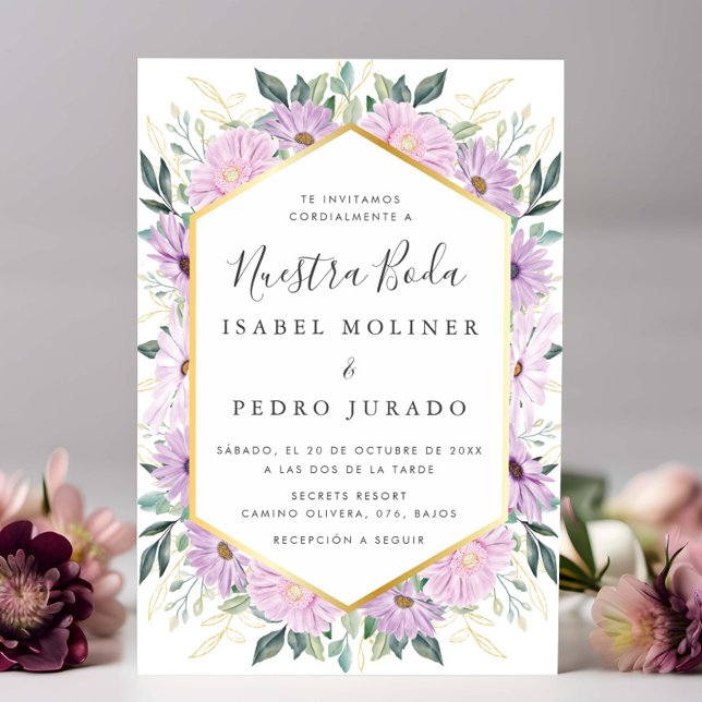 Purple Floral Gold Leaves Nuestra Boda Wedding Invitation (Creator Uploaded)