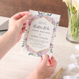 Purple Floral Gold Leaves Nuestra Boda Wedding Vellum Invitations