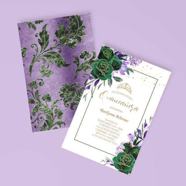 Purple Floral Gold Quinceañera Invitation (Creator Uploaded)