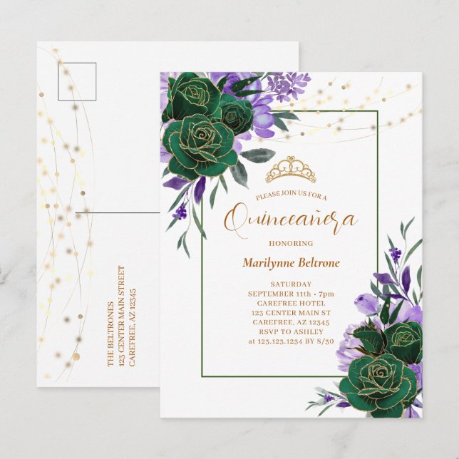 Purple Floral Gold Quinceañera Invitation Postcard (Front/Back)