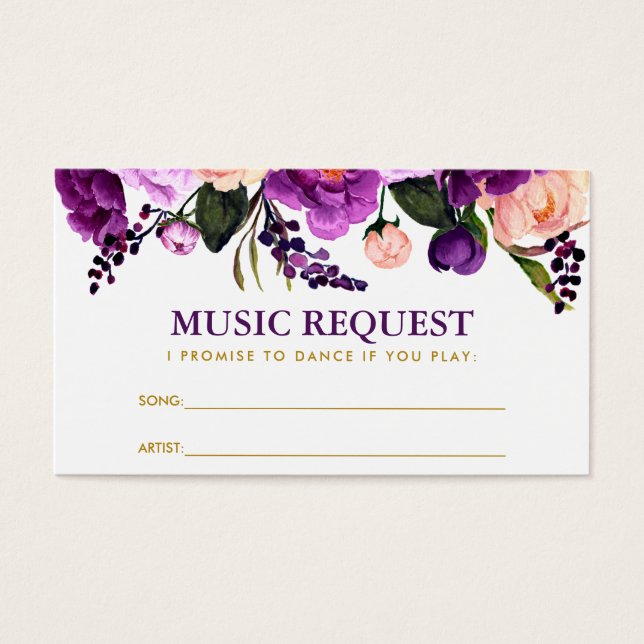 Purple Floral Gold Wedding Music Song Request Card (Front)