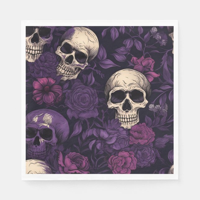 Purple Floral Goth Skull Halloween Napkin (Front)