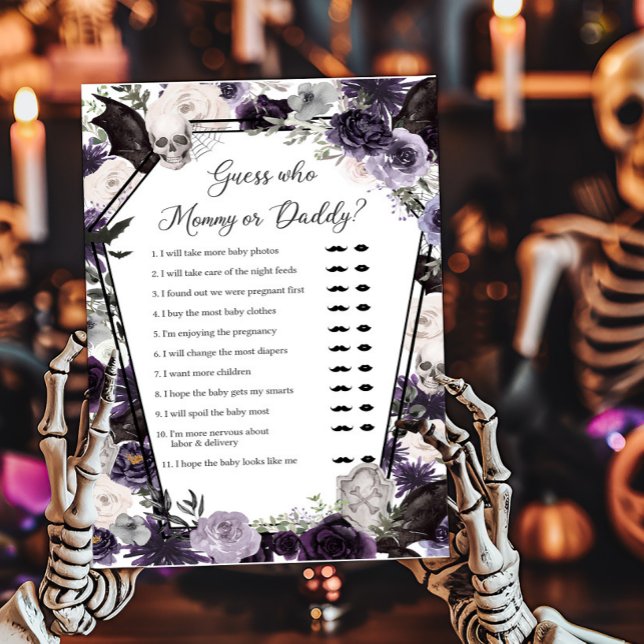 Purple Floral Gothic Guess who Mummy or Daddy Game (Floral Gothic Coffin Baby Shower Guess who Mommy or Daddy Game)