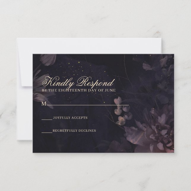 Purple Floral Gothic Moody Bohemian Wedding RSVP Card (Front)