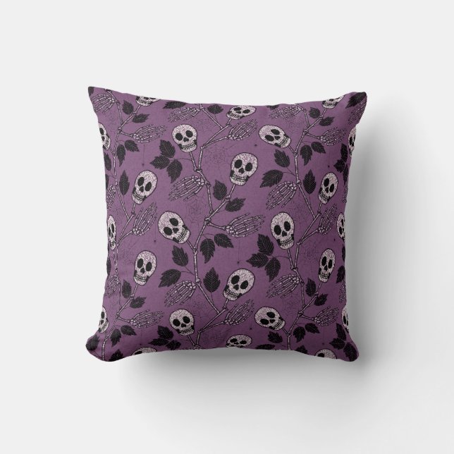 Purple Floral Gothic Skull Cushion (Front)