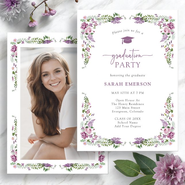 Purple Floral Graduation Invitation (Purple Floral Photo Graduation  Party Invitation by Painted Paperie
)