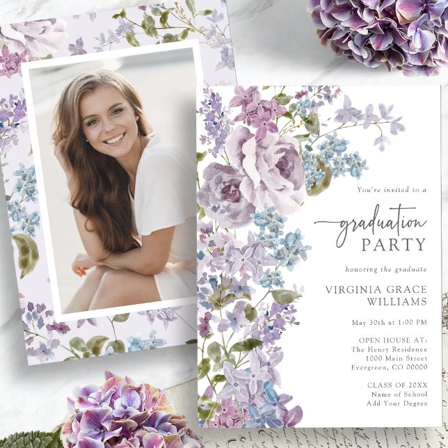 Purple Floral Graduation Invitation (Purple Floral Graduation Invitation Picture on back by Painted Paperie
)
