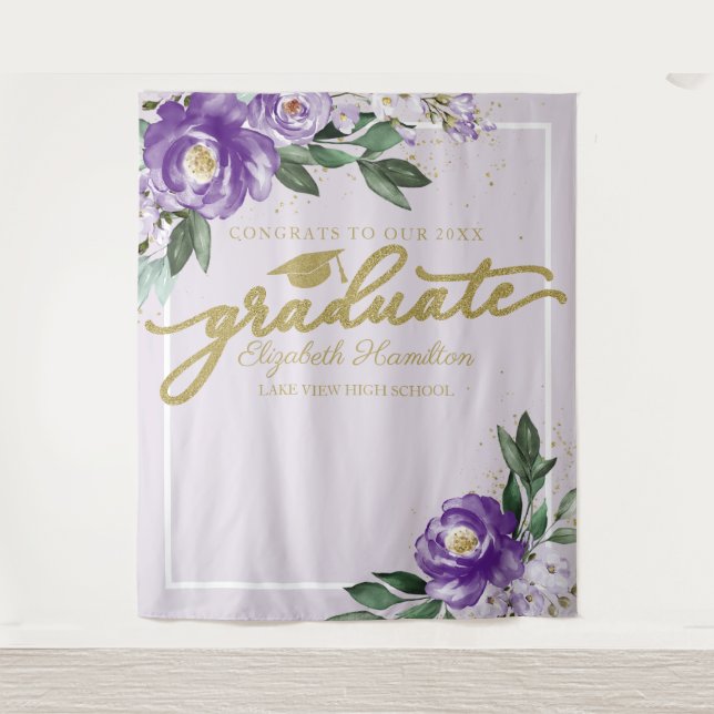 Purple Floral Graduation Party Photo Backdrop Tapestry (Front)